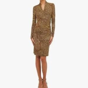 Norma Kamali Cocoa Animal Surplice Faux Wrap Stretch Jersey Dress Large